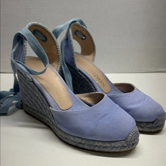 Stuart Weitzman Espadrille Wedges Heels Lace Up Ankle Strap Canvas Blue Size 6.5 - Picture 5 of 14